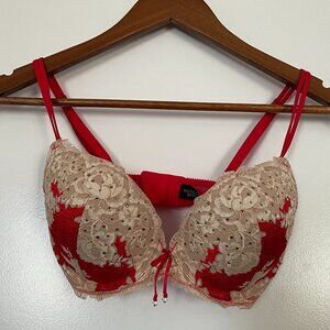 Victoria's Secret Red & Gold Lace Push Up Bra Size 34D